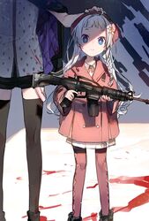  2girls a.i._voice animal_print assault_rifle beret bike_shorts black_jacket black_legwear blood blood_on_clothes blue_eyes blunt_bangs braid buttons coat commentary double-breasted grey_hair gun hair_ornament hat head_out_of_frame headpat hitogome holding holding_gun holding_weapon jacket jacket_on_shoulders kizuna_akari kizuna_akari_(tsubomi) light_smile lolicon long_hair looking_at_viewer m4_carbine multiple_girls neck_ribbon rabbit_print red_coat red_headwear red_legwear red_ribbon ribbon rifle shirt side_braid sleeveless sleeveless_shirt standing star_(symbol) star_hair_ornament thighhighs voiceroid weapon white_shirt yuzuki_yukari yuzuki_yukari_(a.i._voice) zettai_ryouiki 