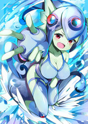  bare_shoulders blue_gloves blue_headwear blue_leggings blue_one-piece_swimsuit breasts cleavage clothing_cutout collarbone colored_skin digimon digimon_(creature) female fingerless_gloves fins gloves green_skin head_fins helmet highres kneeling large_breasts leggings omochishiki one-piece_swimsuit open_mouth outstretched_arm ranamon red_eyes ringed_eyes side_cutout solo swimsuit water 