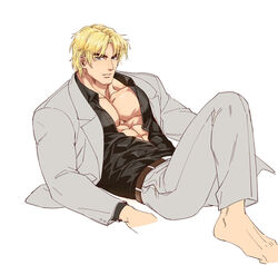  1boy alternate_costume bara belt blonde_hair buttoned_cuffs buttons expressionless formal grey_suit ken_masters looking_at_viewer male_focus muscular muscular_male partially_unbuttoned pectoral_cleavage pectorals short_hair sitting solo street_fighter suit thick_eyebrows unfinished white_background yuiofire 