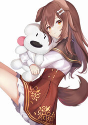  :3 animal_ears bone_hair_ornament brown_eyes brown_hair brown_tail buttons closed_mouth cowboy_shot dog_ears dog_tail double-breasted dress female frilled_skirt frills from_side fuji_noyume hair_between_eyes hair_ornament hairclip highres hololive hoso-inu inugami_korone inugami_korone_(street) light_smile long_hair looking_at_viewer lying on_side sailor_collar skirt stuffed_animal stuffed_dog stuffed_toy tail thighs underbust virtual_youtuber 