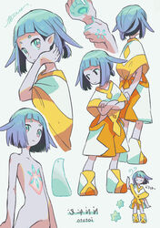  androgynous animal_ears aqua_eyes arm_up arms_behind_back artist_name blue_hair blunt_bangs boots capelet closed_eyes closed_mouth commentary_request cropped_torso crossed_arms flat_chest floppy_ears from_side gender_request hair_flip highres holding_own_wrist hole_on_body looking_at_viewer looking_down looking_to_the_side making-of_available multiple_views nude orange_footwear orange_shorts original ototoi_(eevees813) pointy_ears short_hair short_ponytail shorts sideways_glance signature simple_background standing translation_request white_background white_capelet white_footwear white_shorts yellow_capelet yellow_footwear 