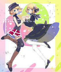  2girls bare_arms black_footwear blonde_hair blue_eyes blush boots brown_footwear commentary_request dress dual_persona earrings eyelashes from_side grey_eyes grey_headwear hair_ornament hair_ribbon hands_up hat highres holding_hands in-franchise_crossover jewelry knee_boots leg_up long_sleeves looking_at_viewer multiple_girls official_alternate_costume pantyhose parted_lips pokemon pokemon_(anime) pokemon_journeys pokemon_masters_ex red_skirt ribbon serena_(pokemon) serena_(sygna_suit)_(pokemon) shoes short_hair skirt sleeveless sleeveless_turtleneck sugomori_tsuru_(hana_tsuru_wo) sweater_vest thighhighs turtleneck white_legwear 