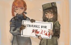  2girls blush brown_eyes brown_hair green_headwear hat heidi_(xerbatt) highres holding holding_marker holding_sign looking_to_the_side marker milestone_celebration military military_uniform multiple_girls one_eye_closed open_mouth orange_hair original sign tied_hair uniform xerbatt 