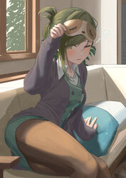  absurdres black_cardigan black_pantyhose cardigan couch female folded_ponytail green_eyes green_hair green_skirt green_vest highres idolmaster idolmaster_shiny_colors indoors lifting_own_clothes long_hair looking_at_viewer mask_lift nanakusa_hazuki open_cardigan open_clothes open_mouth pantyhose pencil_skirt pillow shirt single_sidelock skirt sleep_mask solo swept_bangs umirororo vest white_shirt 