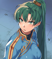  bishoujo_senshi_sailor_moon bishoujo_senshi_sailor_moon_s blue_background derivative_work female fire_emblem fire_emblem:_the_blazing_blade from_above green_eyes green_hair long_hair looking_ahead lyn_(fire_emblem) meme open_mouth sailor_moon_redraw_challenge_(meme) sajittari screenshot_redraw solo tied_hair upper_body v-shaped_eyebrows 