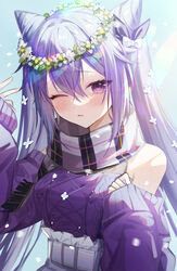  absurdres bare_shoulders blush bow commentary_request cone_hair_bun double_bun female flower genshin_impact hair_between_eyes hair_bun hairbow head_wreath high-waist_skirt highres keqing_(genshin_impact) keqing_(lantern_rite)_(genshin_impact) long_hair long_sleeves looking_at_viewer off-shoulder_sweater off_shoulder official_alternate_costume one_eye_closed parted_lips plaid plaid_scarf purple_eyes purple_sweater scarf skirt sleeves_past_wrists solo sweater syandega twintails upper_body white_bow white_flower 