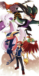  1boy absurdres black_gloves black_hair black_pants black_shirt blue_jacket closed_mouth commentary_request fingerless_gloves gloves goodra greninja hand_on_headwear hat hawlucha highres jacket male_focus noivern pants pikachu pokemon pokemon_(anime) pokemon_(creature) pokemon_xy_(anime) red_footwear red_headwear satoshi_(pokemon) shirt shoes short_hair smile standing talonflame yoi_(207342) 