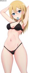  absurdres armpits arms_up ass_visible_through_thighs black_bra black_panties blonde_hair blue_eyes blue_scrunchie blush bra breasts commentary female hair_down hair_ornament hair_scrunchie hayasaka_ai haysaca_a._smithee highres kaguya-sama_wa_kokurasetai_~tensai-tachi_no_renai_zunousen~ long_hair looking_at_viewer medium_breasts mouth_hold navel paid_reward_available panties roswell_ss scrunchie simple_background solo thong underwear 