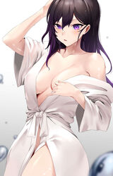  absurdres arm_up bathrobe blurry blush breasts breasts_apart collarbone commentary commission cowboy_shot depth_of_field female hair_between_eyes highres long_hair looking_at_viewer medium_breasts naked_robe off_shoulder open_mouth original pixiv_commission ponytail purple_eyes purple_hair robe rororo solo standing wet wet_hair white_robe 