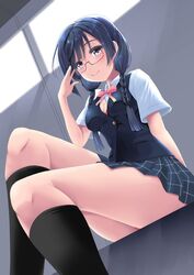  black_hair black_socks blue_shirt blue_skirt blue_vest bra bra_peek braid breasts cleavage collared_shirt dress_shirt female frapowa glasses grey_eyes kneehighs long_hair looking_at_viewer love_live! love_live!_nijigasaki_high_school_idol_club low_twintails medium_breasts nakagawa_nana neck_ribbon nijigasaki_school_uniform panties panty_peek plaid plaid_skirt pleated_skirt rectangular_eyewear red-framed_eyewear red_bra red_panties ribbon school_uniform semi-rimless_eyewear shirt short_sleeves sitting skirt smile socks solo sweater_vest swept_bangs twin_braids twintails unbuttoned underwear vest yellow_ribbon yuki_setsuna_(love_live!) 