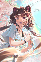  :3 animal_ears brown_eyes brown_hair collarbone dog_ears dog_girl dog_hair_ornament fangs female floating_hair flower hair_flower hair_ornament heterochromia highres inui_toko kuro-kun_(nablack) long_hair low_twintails nijisanji official_alternate_costume red_eyes shirt smile solo twintails very_long_hair virtual_youtuber white_shirt yellow_eyes 