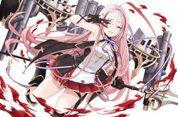  ahoge armored_boots azur_lane bad_id bad_pixiv_id bare_shoulders boots breasts dress fangs female french_flag gloves highres holding holding_scepter holding_weapon huge_ahoge long_hair looking_at_viewer machinery marble_(marblesized) miniskirt neck_ribbon one_eye_closed partially_fingerless_gloves pink_hair pleated_skirt red_eyes red_skirt ribbon scepter skirt sleeveless sleeveless_dress small_breasts smile solo thigh_strap thighs torpedo_tubes turret v vauquelin_(azur_lane) very_long_hair weapon 