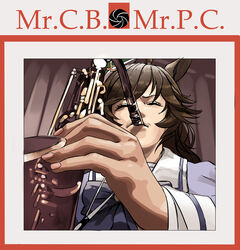  absurdres ahoge album_cover album_cover_redraw animal_ears bow brown_hair character_name closed_eyes cover derivative_work english_commentary female from_below furrowed_brow giant_steps highres holding holding_instrument holding_saxophone horse_ears instrument long_hair long_sleeves mr._c.b._(umamusume) oshiri_seijin parody purple_shirt sailor_collar saxophone school_uniform shirt tracen_school_uniform umamusume upper_body 