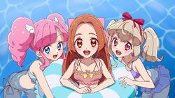  3girls :d aikatsu! aikatsu!_(series) aikatsu_on_parade! amahane_madoka ass asymmetrical_bangs bad_id bad_pixiv_id bikini bikini_skirt blue_bikini blue_eyes bow bow_bikini breasts butt_crack cleavage commentary_request forehead frilled_bikini frills hair_between_eyes hair_ribbon hairbow happy highres innertube kaoryu-kun kiseki_raki leaning_forward light_brown_hair long_hair looking_at_viewer multicolored_eyes multiple_girls open_mouth orange_eyes orange_hair otoshiro_noel outdoors parted_bangs partial_commentary partially_submerged pink_bikini pink_bow pink_eyes pink_hair purple_bikini red_ribbon ribbon round_teeth sidelocks sideways_glance smile spaghetti_strap swim_ring swimsuit teeth twintails upper_teeth_only water wing_hair_ornament yellow_bow 