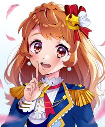  :d aikatsu! aikatsu!_(series) aikatsu_on_parade! arm_up bad_id bad_pixiv_id blue_jacket blush braid brown_eyes close-up collared_shirt commentary_request crown_braid earrings epaulettes female finger_to_mouth hair_ornament hair_ribbon highres idol index_finger_raised jacket jewelry kaoryu-kun lips long_hair looking_at_viewer neck_ribbon open_mouth orange_hair ozora_akari pearl_earrings petals red_ribbon ribbon round_teeth shirt shushing smile solo star_(symbol) star_hair_ornament teeth upper_body white_shirt 