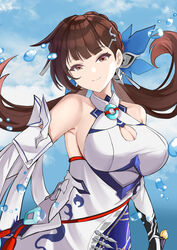  absurdres armpits bare_shoulders breasts brown_eyes brown_hair chinese_clothes criss-cross_halter detached_sleeves female hair_ornament halterneck hanfu highres honkai_(series) honkai_impact_3rd large_breasts li_sushang li_sushang_(jade_knight) long_hair looking_at_viewer sky smile solo tian_kazuki water wing_hair_ornament 