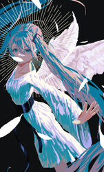  absurdres angel angel_wings bare_legs black_footwear blue_eyes blue_hair commentary covered_mouth cowboy_shot dress english_commentary feathered_wings feathers female halo hatsune_miku highres kojomi_(7j543) long_hair long_sleeves looking_at_viewer muted_color outstretched_arms simple_background solo spread_arms twintails very_long_hair vocaloid white_dress wings 