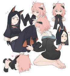  2girls absurdres ahoge animal_ears arknights ass barefoot black_hair bondage bondage bound collar dobermann_(arknights) dog_ears feet foot_focus foot_worship gravel_(arknights) heart highres knees_up lan_mao_akko legs looking_at_another multiple_girls no_shoes open_mouth pantyhose pink_hair rolling_eyes soles studded_collar sweat tail toe_sucking toes tongue tongue_out yuri 