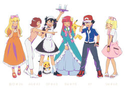  6+boys apron ashley_(pokemon) ashley_(pokemon_bw098) black_dress black_shirt blonde_hair blue_jacket blunt_bangs bow brown_hair commentary_request crossdressing dress fingerless_gloves gloves grey_pants hairbow hands_up hat highres jacket knees long_hair maid_headdress male_focus multiple_boys orange_dress pants pink_shirt pink_skirt pokemon pokemon_(anime) pokemon_(classic_anime) pokemon_(creature) pokemon_bw_(anime) pokemon_dppt_(anime) pokemon_sm_(anime) pokemon_xy_(anime) red_headwear sandals satoshi_(pokemon) shirt shoes short_sleeves sidelocks skirt socks standing white_apron white_footwear white_legwear white_pants yoi_(207342) 