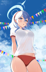  absurdres ako_(blue_archive) ako_(track)_(blue_archive) arms_behind_back blue_archive blue_eyes blue_hair blue_halo blush bra_visible_through_clothes breasts buruma cowboy_shot day ear_piercing female gym_shirt gym_uniform hair_between_eyes hairband halo highres large_breasts long_hair melow_menow official_alternate_costume open_mouth piercing red_buruma red_hairband see-through see-through_shirt shirt short_sleeves solo wet wet_clothes wet_shirt white_shirt 