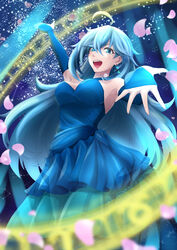  :d absurdres ahoge arm_up armpits blue_dress blue_eyes blue_hair blue_sleeves blurry blurry_foreground breasts cherry_blossoms detached_sleeves dress earrings female floating_hair hair_between_eyes highres jewelry layered_dress long_dress long_hair long_sleeves medium_breasts open_mouth smile solo standing strapless strapless_dress teina very_long_hair vivy vivy:_fluorite_eye&#039;s_song 