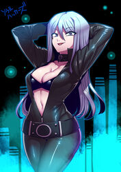  arms_behind_head belt black_bodysuit black_bra blue_eyes blue_hair bodysuit bra breasts center_opening cleavage collar collarbone devil_summoner:_soul_hackers devil_summoner_(series) female grey_hair highres large_breasts long_hair looking_at_viewer navel nemissa open_mouth smile solo tukiwani underwear zipper 