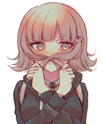  backpack bad_id bad_twitter_id bag bbjj_927 biting_own_lip blunt_bangs blush check_commentary commentary_request crossed_arms danganronpa_(series) danganronpa_2:_goodbye_despair fake_facial_hair fake_mustache female galaga hair_mustache hair_ornament hairclip hands_up highres holding holding_own_hair long_sleeves medium_hair nanami_chiaki neck_ribbon playing_with_hair playing_with_own_hair red_ribbon ribbon shirt simple_background solo upper_body white_background white_shirt 