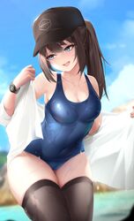  :d armpits bare_shoulders baseball_cap black_hat black_thighhighs blue_eyes blue_one-piece_swimsuit blush breasts brown_hair cameltoe cleavage collarbone covered_navel cowboy_shot day dima_(girls&#039;_frontline) female girls&#039;_frontline hand_up hat high_ponytail highres jacket legs_together long_hair looking_away medium_breasts nine_(kanine41) off_shoulder one-piece_swimsuit open_clothes open_jacket outdoors ponytail school_swimsuit shiny_clothes shirt sidelocks skindentation smile solo standing swimsuit thick_thighs thighhighs thighs undressing watch wet wet_clothes wet_swimsuit white_jacket wristwatch 