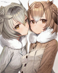  2girls absurdres blush breasts brown_eyes brown_hair brown_jacket buttons closed_mouth dated eurasian_eagle_owl_(kemono_friends) freng fur_collar gradient_hair grey_hair grey_jacket head_wings highres jacket kemono_friends looking_at_viewer multicolored_hair multiple_girls northern_white-faced_owl_(kemono_friends) short_hair signature simple_background small_breasts upper_body white_background wings yellow_eyes 