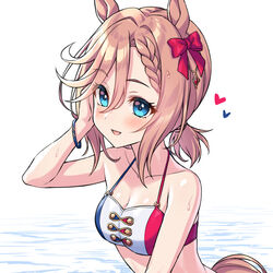  animal_ears bikini blue_eyes blush breasts cleavage commentary_request female hair_between_eyes hair_ornament heart highres horse_ears horse_girl horse_tail medium_breasts medium_hair ocean ribbon short_twintails solo swimsuit tail tomo_(tmtm_mf_mf) twintails umamusume upper_body venus_paques_(umamusume) white_background 