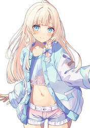  absurdres belt blonde_hair blue_eyes blue_shorts blush braid commentary cowboy_shot cropped_shirt female hand_up highres hololive jacket kazama_iroha kazama_iroha_(streetwear) kisara_mikami letterman_jacket long_hair looking_at_viewer midriff multicolored_clothes multicolored_shorts navel pink_shorts see-through see-through_shirt shirt shorts side_braid simple_background smile solo virtual_youtuber white_background white_belt white_jacket yume_kawaii 