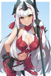  absurdres armor bare_shoulders belt black_gloves black_legwear blush breasts cleavage cleavage_cutout closed_mouth clothing_cutout fate/grand_order fate_(series) female gloves highres horns kiichi_hougen_(fate) large_breasts long_hair looking_at_viewer navel navel_cutout pointy_ears red_armor sidelocks smile solo suiroh_(shideoukami) tassel thighs very_long_hair white_hair yellow_eyes 