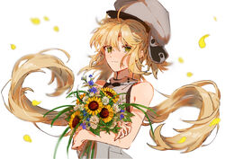  absurdres ahoge artoria_caster_(fate) artoria_caster_(first_ascension)_(fate) artoria_pendragon_(fate) bare_arms blonde_hair blue_flower blurry bouquet closed_mouth commentary depth_of_field eyes_visible_through_hair fate/grand_order fate_(series) female flower furirikkuru green_eyes grey_hat hat highres holding holding_bouquet light_smile long_hair looking_at_viewer petals sleeveless solo sunflower twintails upper_body white_flower yellow_flower 