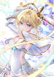  akasaka_asa arms_up azur_lane blonde_hair blue_eyes blush breasts capelet cleavage commentary covered_navel crossed_bangs dress falling_feathers feathers female hair_bun holding holding_sword holding_weapon jeanne_d&#039;arc_(azur_lane) looking_at_viewer medium_breasts navel open_mouth see-through short_hair sidelocks single_hair_bun solo standing sword upper_body weapon white_capelet white_dress 