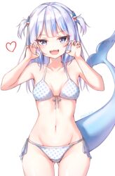  :d ass_visible_through_thighs bad_id bad_pixiv_id bare_shoulders beliatan bikini blue_eyes blunt_bangs blush breasts claw_pose collarbone commentary_request cowboy_shot fangs female fins fish_tail front-tie_bikini_top front-tie_top gawr_gura groin hair_ornament halterneck hands_up heart highres hololive hololive_english long_hair looking_at_viewer multicolored_hair navel open_mouth polka_dot polka_dot_bikini shark_girl shark_hair_ornament shark_tail sharp_teeth side-tie_bikini_bottom small_breasts smile solo streaked_hair string_bikini swimsuit tail tail_raised teeth two_side_up virtual_youtuber white_background 