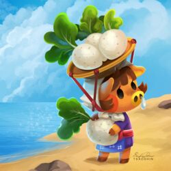  1:1 2020 animal_crossing anthro beach black_eyes bodily_fluids brown_hair clothed clothing daisy_mae_(animal_crossing) day digital_media_(artwork) digital_painting_(artwork) empty_eyes eyelashes female food hair holding_food holding_object holding_turnip holding_vegetable mammal nintendo outside plant seaside snot snout solo standing suid suina sus_(pig) tsaoshin turnip vegetable wild_boar young 