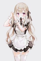  apron black_dress black_ribbon blonde_hair blush breasts closed_mouth commentary dress female frilled_apron frills grey_background hair_ribbon highres long_hair looking_at_viewer maid maid_apron medium_breasts mouth_hold original pleated_dress puffy_short_sleeves puffy_sleeves purple_eyes revision ribbon ribbon_in_mouth short_sleeves simple_background sleeve_cuffs solo standing thighhighs twintails tying_hair very_long_hair weri white_apron white_thighhighs wrist_cuffs zettai_ryouiki 