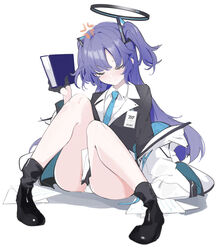  absurdres anger_vein angry bad_id bad_pixiv_id barcode bare_legs black_footwear black_gloves black_jacket black_skirt black_suit blue_archive blue_hair blue_necktie blush book boots breasts closed_eyes closed_mouth coat collared_shirt commentary dress_shirt english_commentary female formal full_body gloves half_gloves halo highres holding holding_book id_card jacket knees_together_feet_apart long_hair mechanical_halo medium_breasts miniskirt necktie ocha_(popopogg) off_shoulder open_clothes open_coat panties pantyshot paper shirt simple_background sitting skirt solo suit thighs two_side_up underwear white_background white_coat white_panties wing_collar yuuka_(blue_archive) 