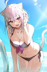  ahoge animal_ear_fluff animal_ears bikini black_bikini blue_sky blush breasts cat_ears cat_girl cat_tail cleavage collarbone cowboy_shot day female hair_between_eyes hand_in_own_hair highres hololive idenshi_hina large_breasts looking_at_viewer midriff navel nekomata_okayu open_mouth outdoors pool purple_eyes purple_hair short_hair sky smile solo swimsuit tail thighs virtual_youtuber water 