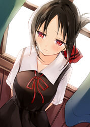  arms_behind_back black_dress black_hair blush closed_mouth collared_dress commentary_request dress female folded_ponytail hair_ribbon hazuki_natsu highres kaguya-sama_wa_kokurasetai_~tensai-tachi_no_renai_zunousen~ neck_ribbon red_eyes red_ribbon ribbon sad school_uniform shinomiya_kaguya short_hair shuuchiin_academy_school_uniform solo window 