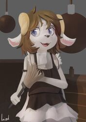  absurd_res anthro black_nose blue_eyes bovid brown_hair caprine cleaning_tool clothing detailed_background feather_duster femboy fur furniture goat hair hi_res horn inside laizd maid_uniform male mammal milo_(twang) open_mouth signature smile solo uniform white_body white_fur 