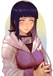  black_hair blunt_bangs blush breasts byakugan closed_mouth female fingernails fishnets forehead_protector grey_eyes hood hood_down hooded_jacket hungry_clicker hyuuga_hinata jacket konohagakure_symbol large_breasts lips long_hair long_sleeves looking_at_viewer naruto_(series) naruto_shippuuden no_pupils own_hands_together pink_lips purple_jacket sidelocks solo straight_hair upper_body white_sleeves zipper 