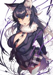  animal_ear_fluff animal_ears arms_at_sides black_hair blue_eyes breasts cleavage cropped_legs energy female fur_collar gloves grey_hair grey_wolf_(kemono_friends) hair_between_eyes heterochromia highres iparupua jacket kemono_friends large_breasts long_hair long_sleeves looking_at_viewer miniskirt multicolored_hair necktie oerba_yun_fang open_mouth plaid plaid_skirt serious skin_fang skirt solo tail two-tone_hair wolf_ears wolf_girl wolf_tail yellow_eyes 