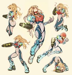  arm_cannon artist_name ass assault_visor blonde_hair blue_eyes blush commentary english_commentary female flexible full_body green_visor gun hands_on_ground highres jack-o&#039;_challenge long_hair looking_at_viewer meme metroid metroid_dread mole mole_under_mouth multiple_views oxcoxa ponytail power_suit power_suit_(metroid) samus_aran simple_background skin_tight smoke smoking_barrel spread_legs top-down_bottom-up weapon wide_spread_legs yellow_background 