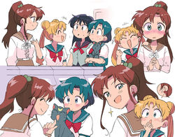  +++ 4girls :d ^_^ animal bishoujo_senshi_sailor_moon black_cat black_hair black_sailor_collar blonde_hair blue_eyes blue_hair blue_sailor_collar blue_skirt blush bow brown_hair brown_sailor_collar brown_skirt clenched_hand closed_eyes closed_mouth crescent crescent_facial_mark double_bun earrings facial_mark feline fist_pump forehead_mark green_eyes grey_shirt hair_bobbles hair_bun hair_ornament hand_on_another&#039;s_shoulder hand_to_own_mouth happy hino_rei holding holding_animal holding_cat interlocked_fingers jewelry juuban_middle_school_uniform kino_makoto kino_makoto&#039;s_school_uniform long_hair long_sleeves looking_at_another luna_(sailor_moon) mizuno_ami multiple_girls multiple_views open_mouth own_hands_clasped own_hands_together parted_bangs pleated_skirt ponytail red_bow sailor_collar school_uniform serafuku shirt short_hair short_sleeves skirt smile sparkle speech_bubble sweatdrop ta_girls_school_uniform tsubobot tsukino_usagi twintails white_shirt 