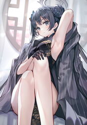  arm_up armpits bad_id bad_twitter_id black_dress black_gloves black_hair blue_archive braid braided_bun breasts butterfly_hair_ornament china_dress chinese_clothes coat commentary double_bun dragon_print dress feet_out_of_frame female gloves grey_eyes hair_bun hair_ornament halo highres huwari_(dnwls3010) jacket kisaki_(blue_archive) long_hair looking_at_viewer pelvic_curtain pinstripe_jacket pinstripe_pattern print_dress sleeveless sleeveless_dress small_breasts solo striped_clothes striped_coat striped_jacket twintails vertical-striped_clothes vertical-striped_coat vertical-striped_jacket 