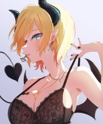  bat_tattoo black_bra black_nails blonde_hair blue_eyes blush bra breast_tattoo breasts cleavage demon_girl demon_horns demon_wings earrings female gold_necklace heart heart_earrings heart_necklace highres hololive horns jewelry lace-trimmed_bra lace_trim large_breasts loeldrive looking_at_viewer nail_polish necklace necklace_between_breasts official_alternate_hairstyle open_mouth pointy_ears short_hair solo tattoo underwear virtual_youtuber wings yuzuki_choco 