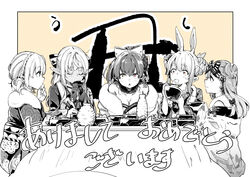  5girls animal_ear_fluff animal_ears black_bow bow breasts brown_eyes cleavage closed_eyes collarbone cup dark-skinned_female dark_skin detached_collar double_bun drinking eating elf green_eyes hair_bun hairbow heterochromia hololive hololive_fantasy houshou_marine houshou_marine_(new_year) japanese_clothes kimono kotatsu multiple_girls official_alternate_costume pointy_ears rabbit_ears rabbit_girl red_eyes sakazuki shiranui_flare shiranui_flare_(new_year) shirogane_noel short_eyebrows single_hair_bun spot_color table tokkuri ur uruha_rushia usada_pekora usada_pekora_(new_year) v-shaped_eyebrows virtual_youtuber yagi_(yagiumaaai) yellow_eyes yukata 