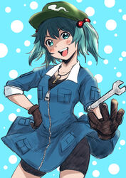  bad_id bad_twitter_id bike_shorts bike_shorts_under_skirt black_gloves black_shirt black_shorts blue_background blue_dress blue_eyes blue_hair blush dotted_background dress female gloves highres kawashiro_nitori medium_hair open_mouth pocket sen_(daydream_53) shirt short_twintails shorts shorts_under_dress sidelocks sleeves_rolled_up smile solo touhou twintails two_side_up wrench 