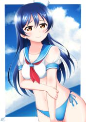  absurdres arm_grab bikini blue_bikini blue_hair blush breasts cleavage commentary cowboy_shot day female haruharo_(haruharo_7315) hat highres long_hair looking_at_viewer love_live! love_live!_school_idol_project midriff mini_hat navel ocean sailor_bikini sailor_collar sailor_hat side-tie_bikini_bottom smile solo sonoda_umi swept_bangs swimsuit yellow_eyes 